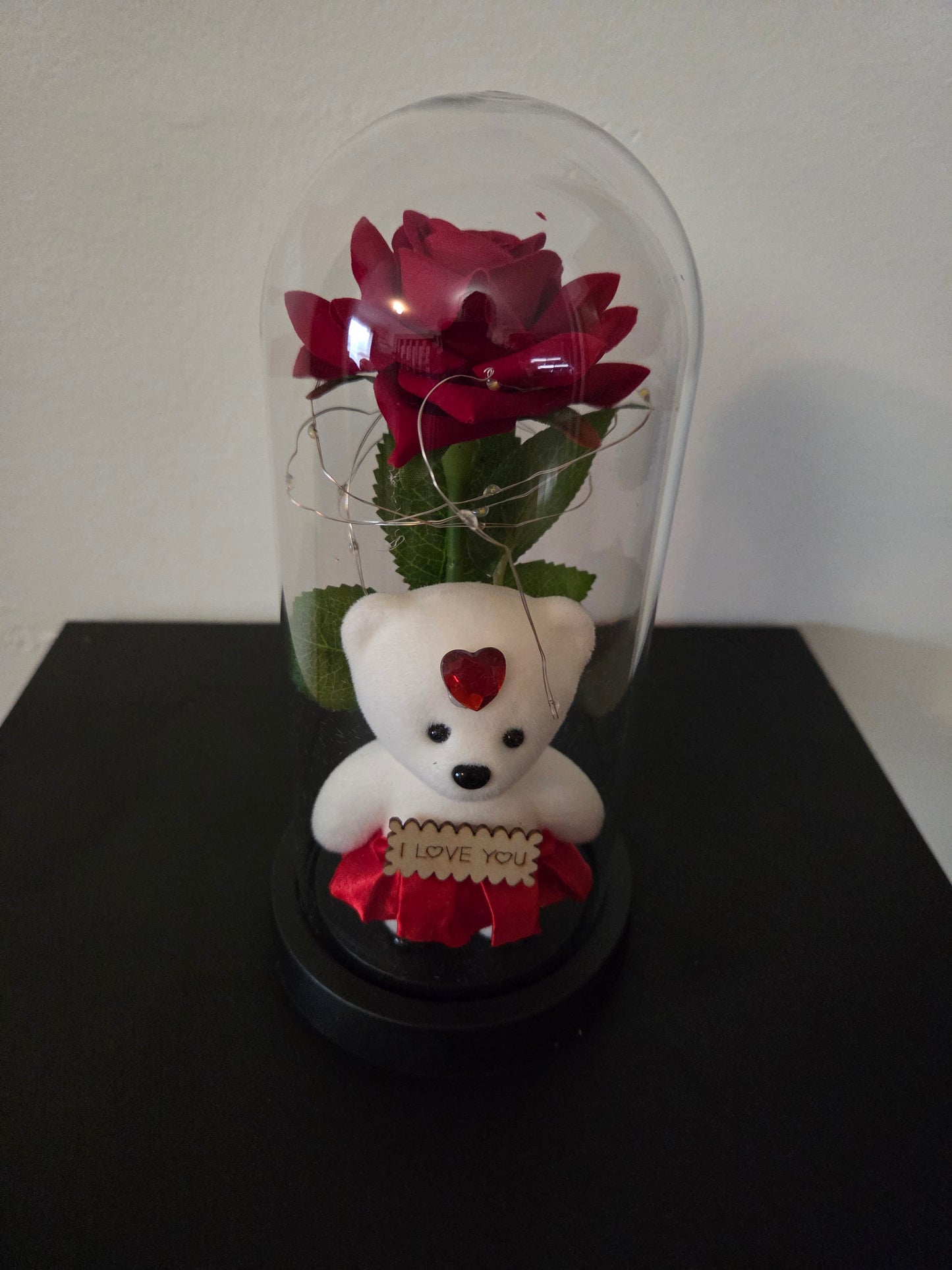 Romantic Artificial Rose in Acrylic Cloche with Teddy