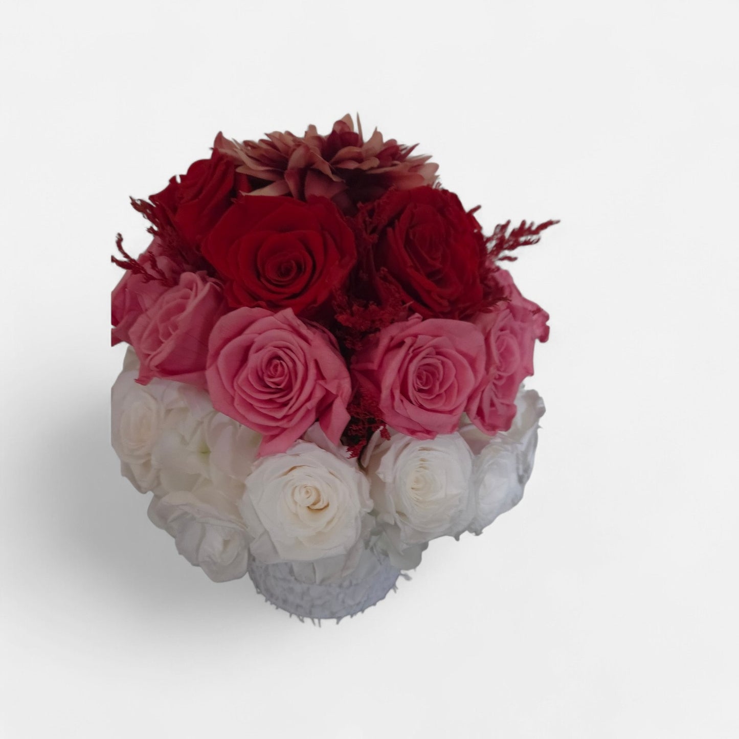 Luxury Hand-crafted Preserved Rose Hat Box – 30 Large Roses, Hydrangea & Focal Flower in Lace‑Draped White Box (30cm)