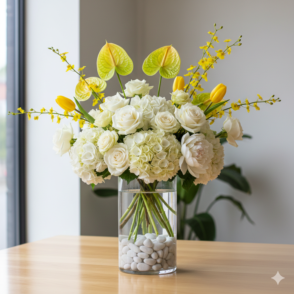 Golden dancing lady orchids, tulips creamy anthuriums blooms