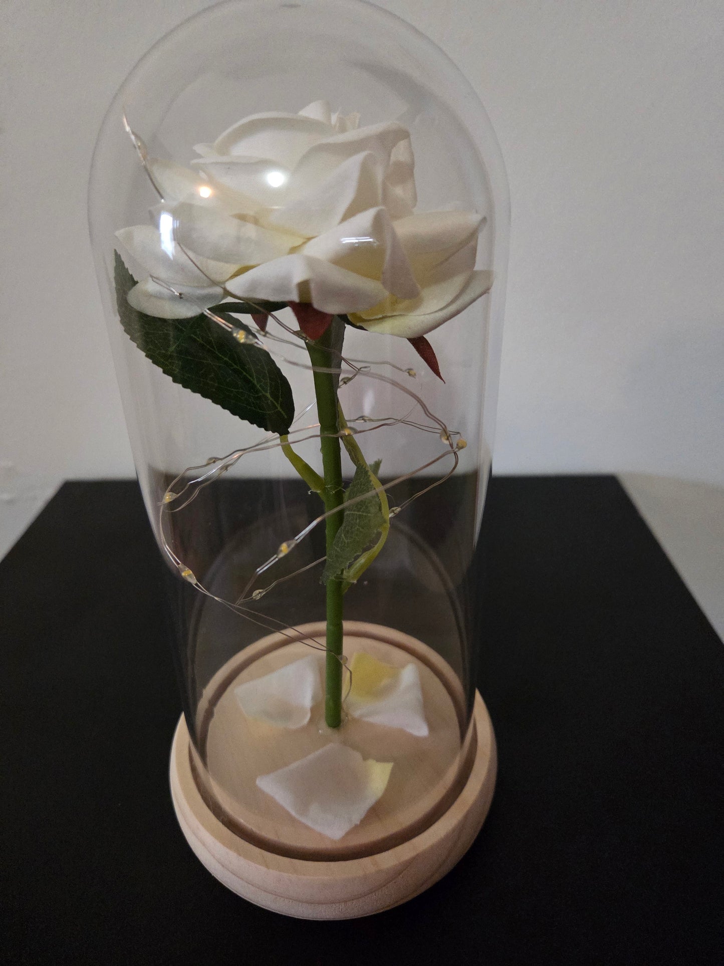 Elegant Artificial White Rose in Wooden Stand with LED Light