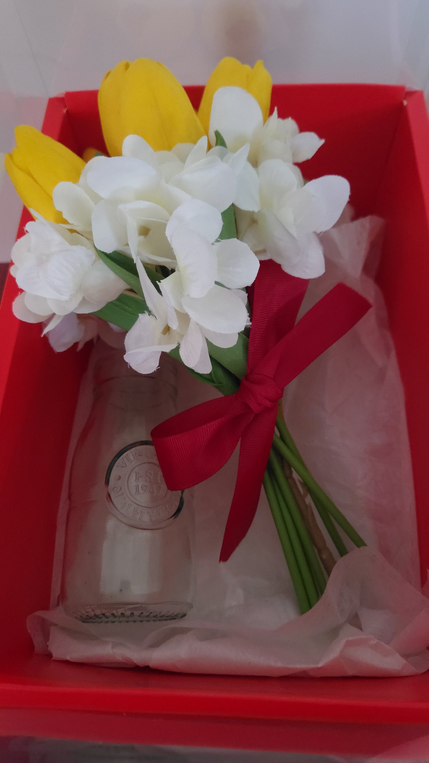 Artificial Hand-crafted Flower bouquet and vase in a high clear box